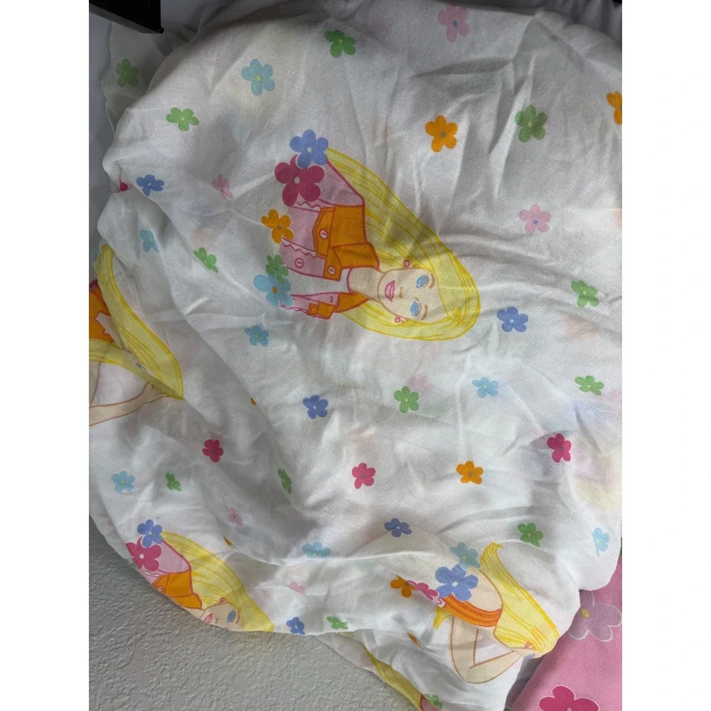 Vintage 1999 Barbie Bed Sheet Set Floral Character Print Pink White Mattel 90s